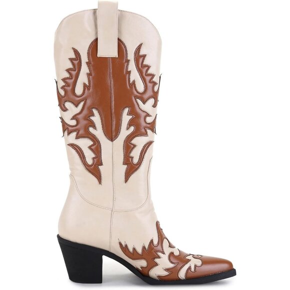 Women's Caramel/Ivory Claremont' Sexy Cowboy Boots Mid Calf Knee-high Patchwork - Picture 4 of 8